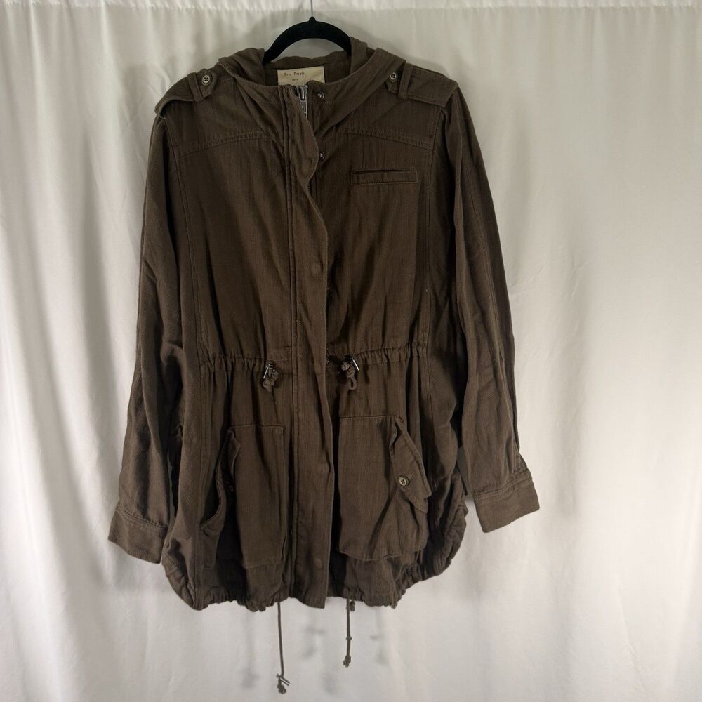 Free People Jacket Women's Large Olive Green Full Zip Hooded 100% Cotton Utility